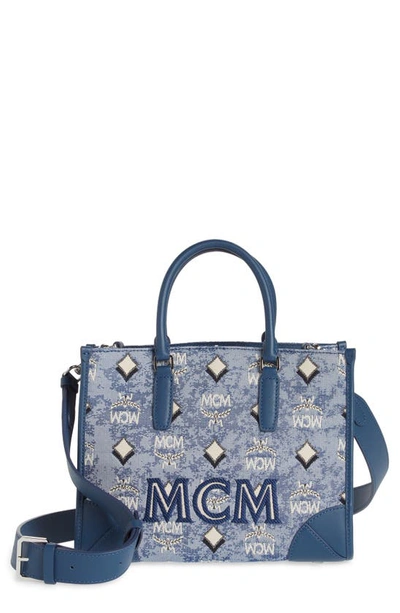 Shop Mcm Small Vintage Jacquard Tote In Blue