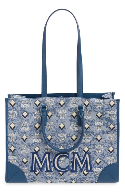 Shop Mcm Jacquard Logo Tote In Blue