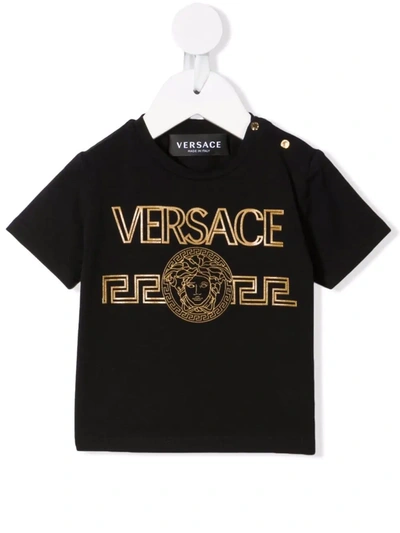 Shop Versace Metallic Logo-embossed T-shirt In Black