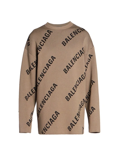 Shop Balenciaga Men's Logo Intarsia Crewneck Sweater In Light Brown Black