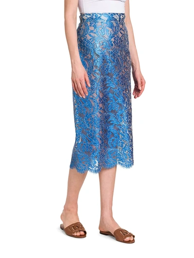 Shop Dolce & Gabbana Metallic Lace Scalloped Skirt In Turchese Scuro