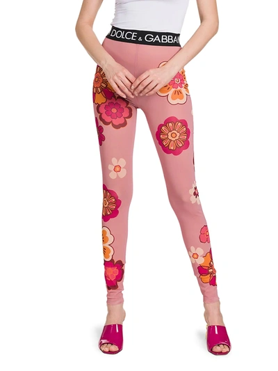 Shop Dolce & Gabbana Women's Floral Logo Band Footless Tights In Maxi Fiorifdo Rosa