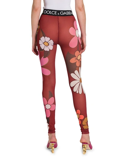 Shop Dolce & Gabbana Floral Logo Band Footless Tights In Fiore Fdo Rosso