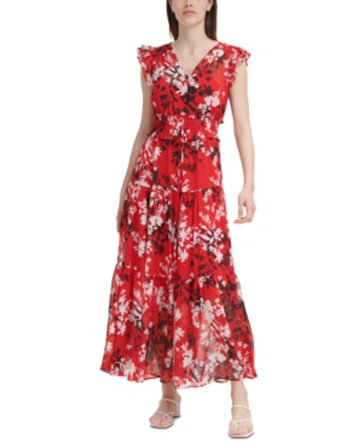 Shop Calvin Klein Smocked Floral-print Maxi Dress In Red Multi