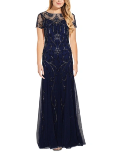 Shop Adrianna Papell Beaded Gown In Navy Blue