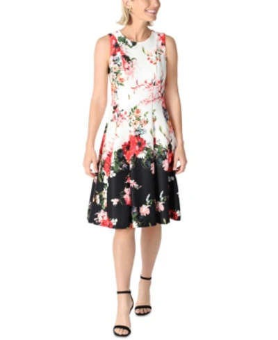 Shop Donna Ricco Floral-print Fit & Flare Dress In Ivory/black Multi