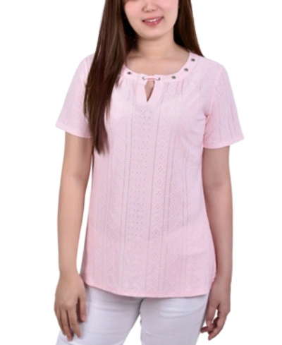 Shop Ny Collection Petite Short Sleeve Knit Eyelet Pullover With Grommets In Crystal Rose