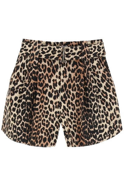 Shop Ganni Leopard Print Linen Blend Shorts In Black,brown,beige
