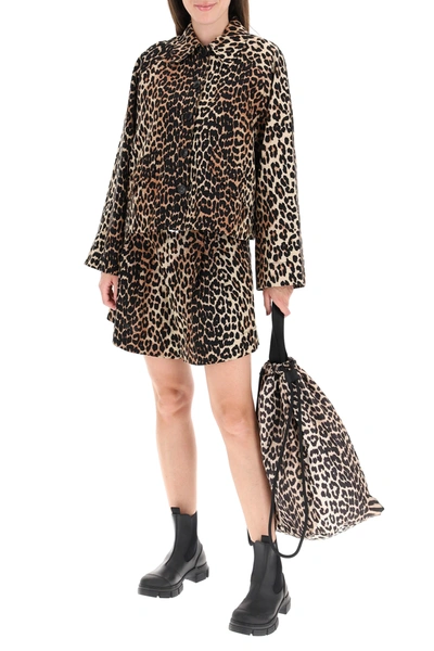 Shop Ganni Leopard Print Linen Blend Shorts In Black,brown,beige
