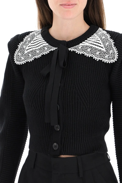 Shop Self-portrait Cardigan With Guipure Collar In Black,white
