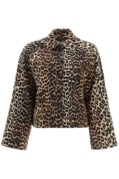 Shop Ganni Leopard Linen Blend Jacket In Black,brown,beige