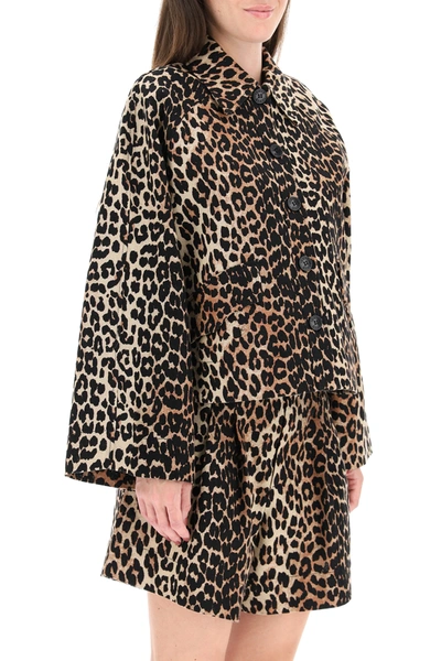 Shop Ganni Leopard Linen Blend Jacket In Black,brown,beige