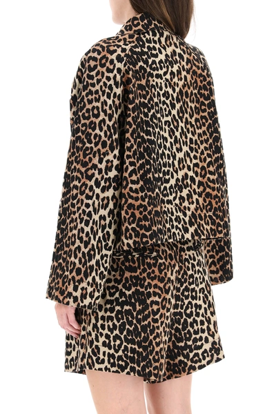 Shop Ganni Leopard Linen Blend Jacket In Black,brown,beige