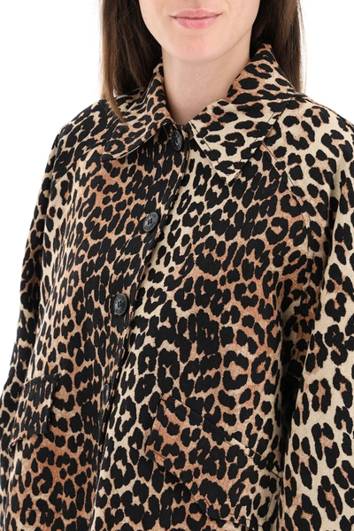 Shop Ganni Leopard Linen Blend Jacket In Black,brown,beige