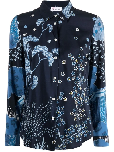 Shop Red Valentino Floral-print Long-sleeve Shirt In Blau