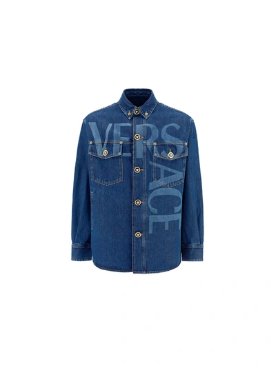 Shop Versace Denim Jacket In Blu Medio