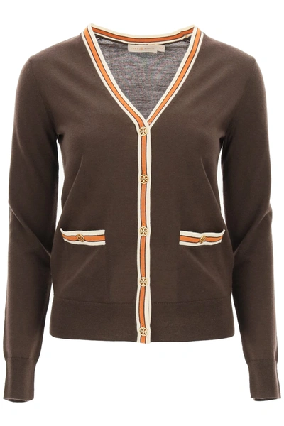 Shop Tory Burch Madeline Cardigan With Logo Buttons In Deep Chocolate French Cream (brown)