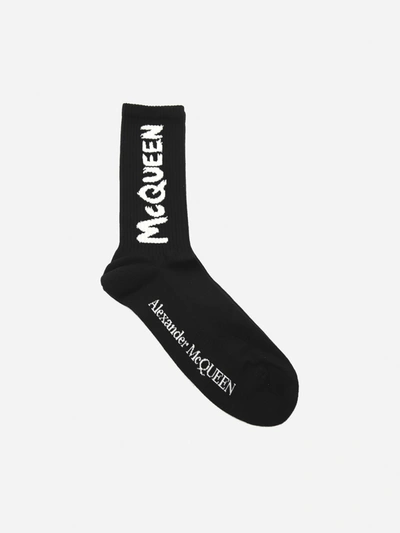 Shop Alexander Mcqueen Cotton Blend Socks With Contrasting Logo Print In Black