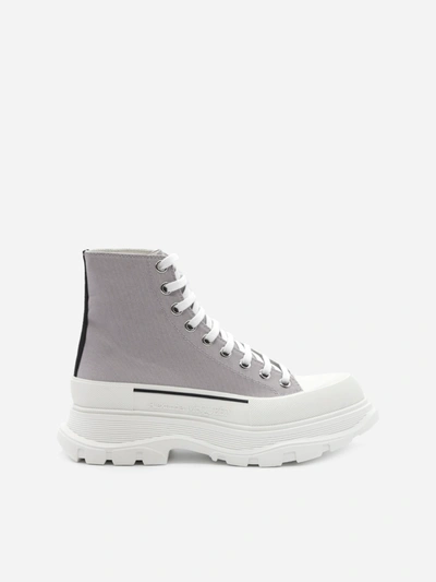 Shop Alexander Mcqueen Tread Slick Ankle Boots In Cotton Canvas In Grey
