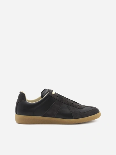 Shop Maison Margiela Replica Low-top Sneakers In Leather And Suede In Black/dark Brown