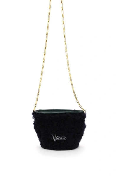 Shop Marni Shearling Crossbody Mini Bag With Chain In Blublack Spherical Green (black)