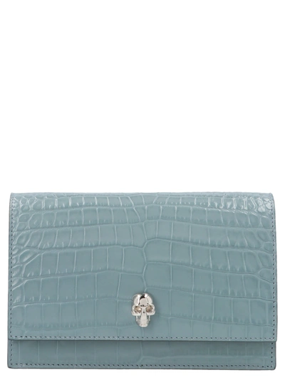 Alexander Mcqueen Skull Mini Embellished Croc-effect Patent-leather Shoulder Bag In Grey