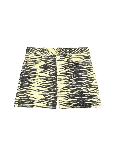 Shop Ganni Print Denim Shorts In Pale Banana