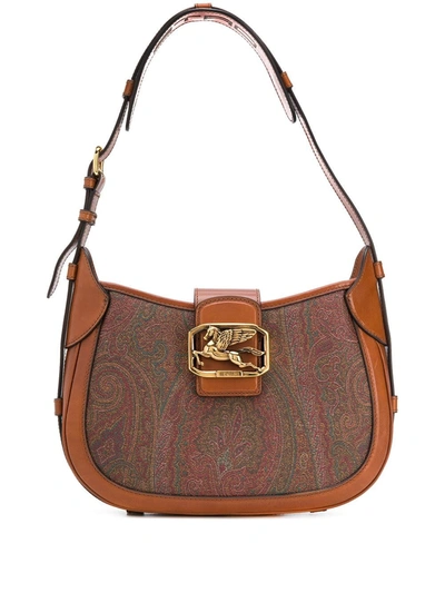 Shop Etro Pegaso Shoulder Bag In Paisley Printed Leather In Brown