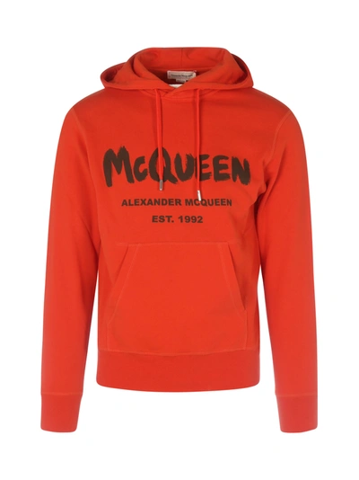 Shop Alexander Mcqueen Graffiti Prt Hoodie In Orange Kaki Green