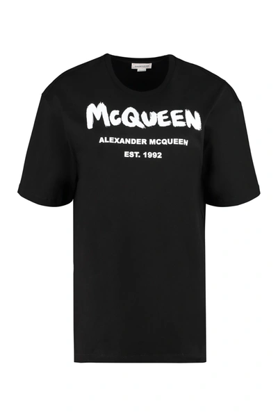 Shop Alexander Mcqueen Printed Cotton T-shirt In Black
