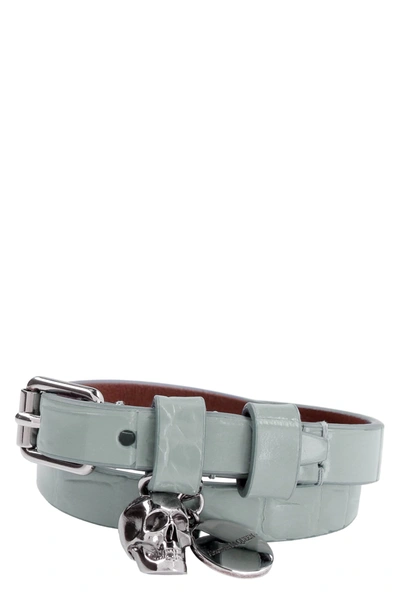 Shop Alexander Mcqueen Skull Charm Leather Double-wrap Bracelet In Grey