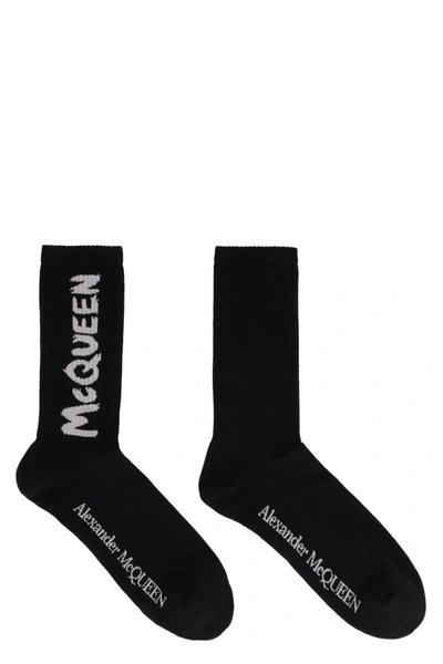 Shop Alexander Mcqueen Logo Cotton Blend Socks In Black