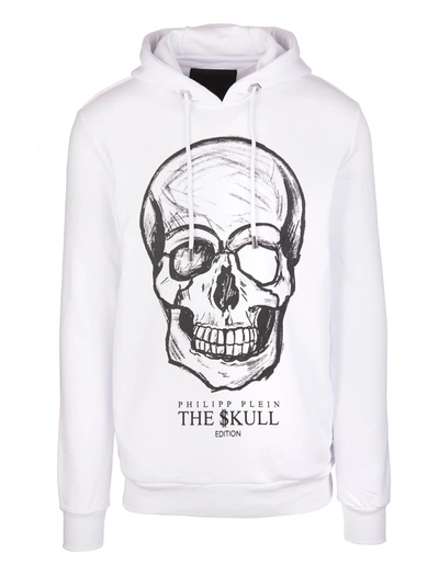 Shop Philipp Plein Man White Hoodie With Printed Skull