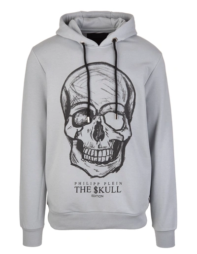 Shop Philipp Plein Man Light Grey Hoodie With Printed Skull