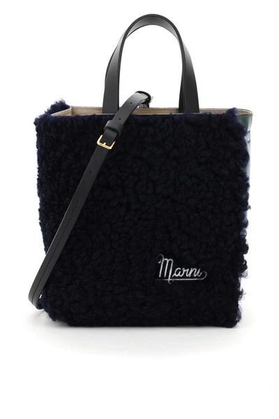 Shop Marni Museo Small Shearling Tote In Blublack Spherical Green (black)