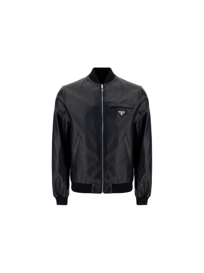 Shop Prada Leather Jacket In Nero