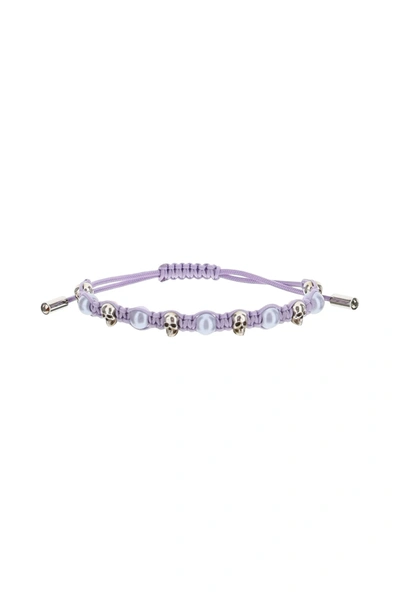 Shop Alexander Mcqueen Skull And Pearl Friendship Bracelet In Lavander (purple)