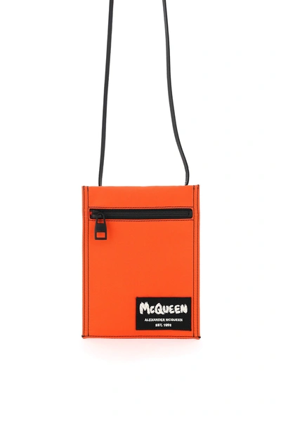 Shop Alexander Mcqueen Crossbody Pouch With Graffiti Logo Embroidery In W Orange Black Off W (orange)