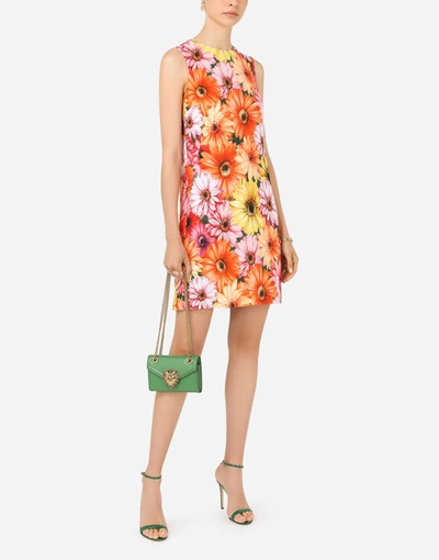 Shop Dolce & Gabbana Short Cady A-line Dress With Gerbera-daisy Print In Multicolor