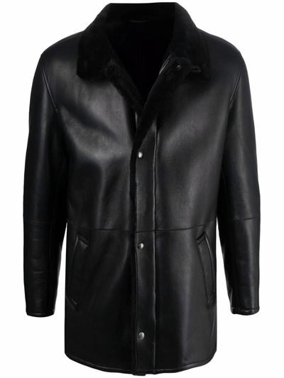 Salvatore Ferragamo High-neck Buttoned Leather Coat In Black | ModeSens