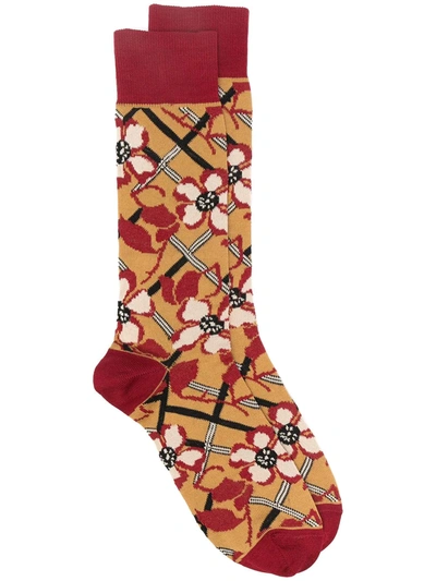 Shop Marni Floral-intarsia Cotton Socks In Red