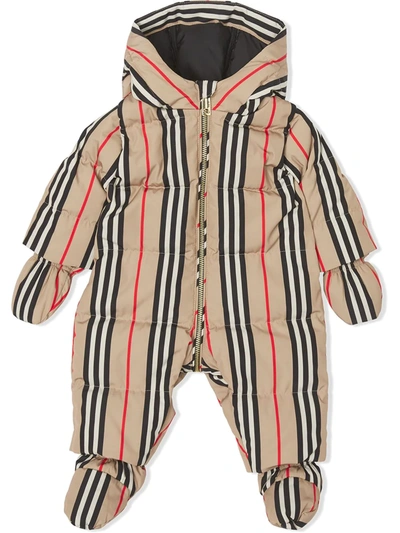 Shop Burberry Icon Stripe Puffer Suit In Brown
