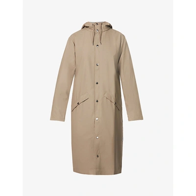 Shop Rains Longer Hooded Shell Coat In Taupe