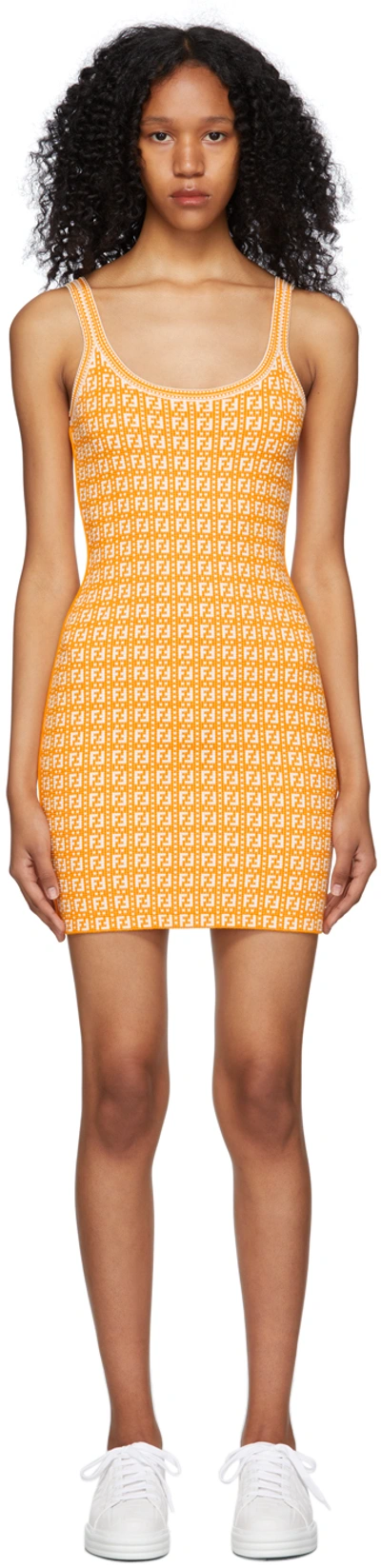 Shop Fendi Orange & White Jacquard 'forever ' Dress In F1d3d Golden