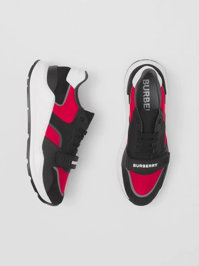 Shop Burberry Suede And Leather Sneakers In Black/bright Red