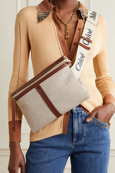 Shop Chloé Woody Leather-trimmed Cotton-canvas Shoulder Bag In Neutrals
