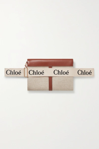 Shop Chloé Woody Leather-trimmed Cotton-canvas Shoulder Bag In Neutrals