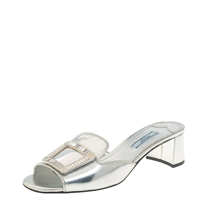 Pre-owned Prada Metallic Silver Leather Crystal Embellished Slide Sandals Size 38