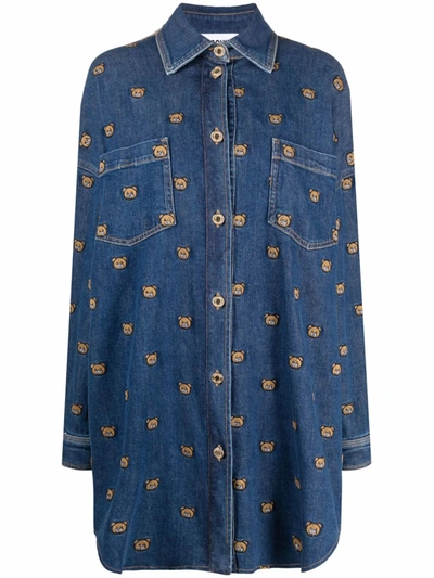 Shop Moschino Teddy-embroidered Denim Shirtdress In Blau