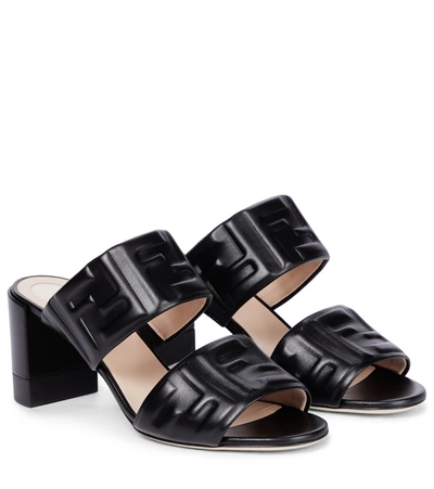 Shop Fendi Embossed Ff Leather Sandals In Black